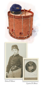 Civil War drum illustration and sepia photos of Orion P. Howe and Lyston D. Howe, boy drummers in the Civil War