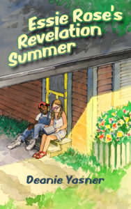 Book cover Essie Rose's Revelation Summer, white girl and black boy sitting together reading on steps under carport roof