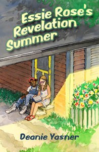 Book cover Essie Rose's Revelation Summer, white girl and black boy sitting together reading on steps under carport roof